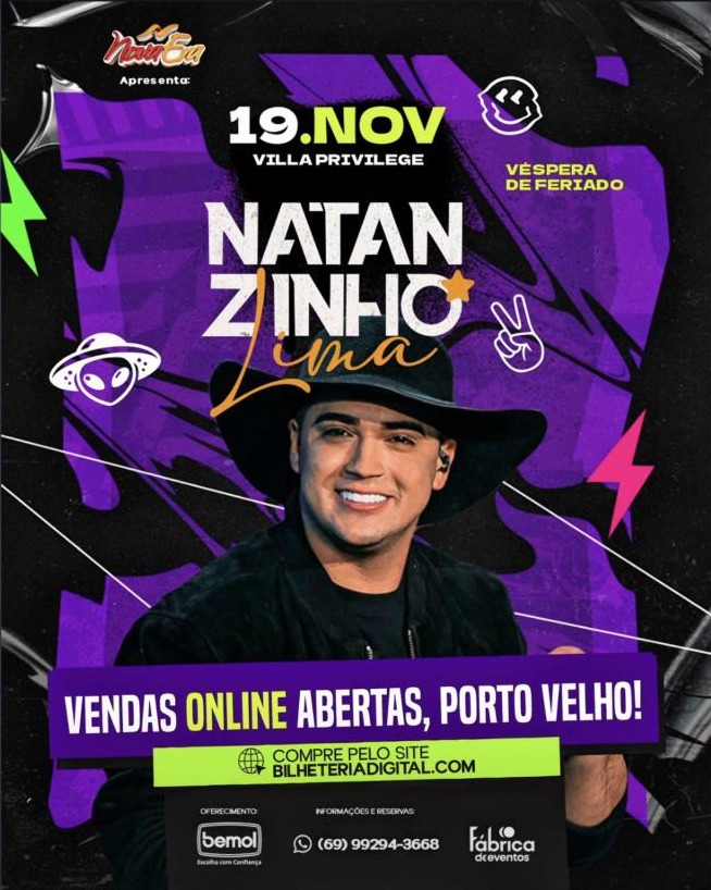 Arte de divulgação do show de Natanzinho Lima no Villa Privilege, em Porto Velho, no dia 19 de novembro